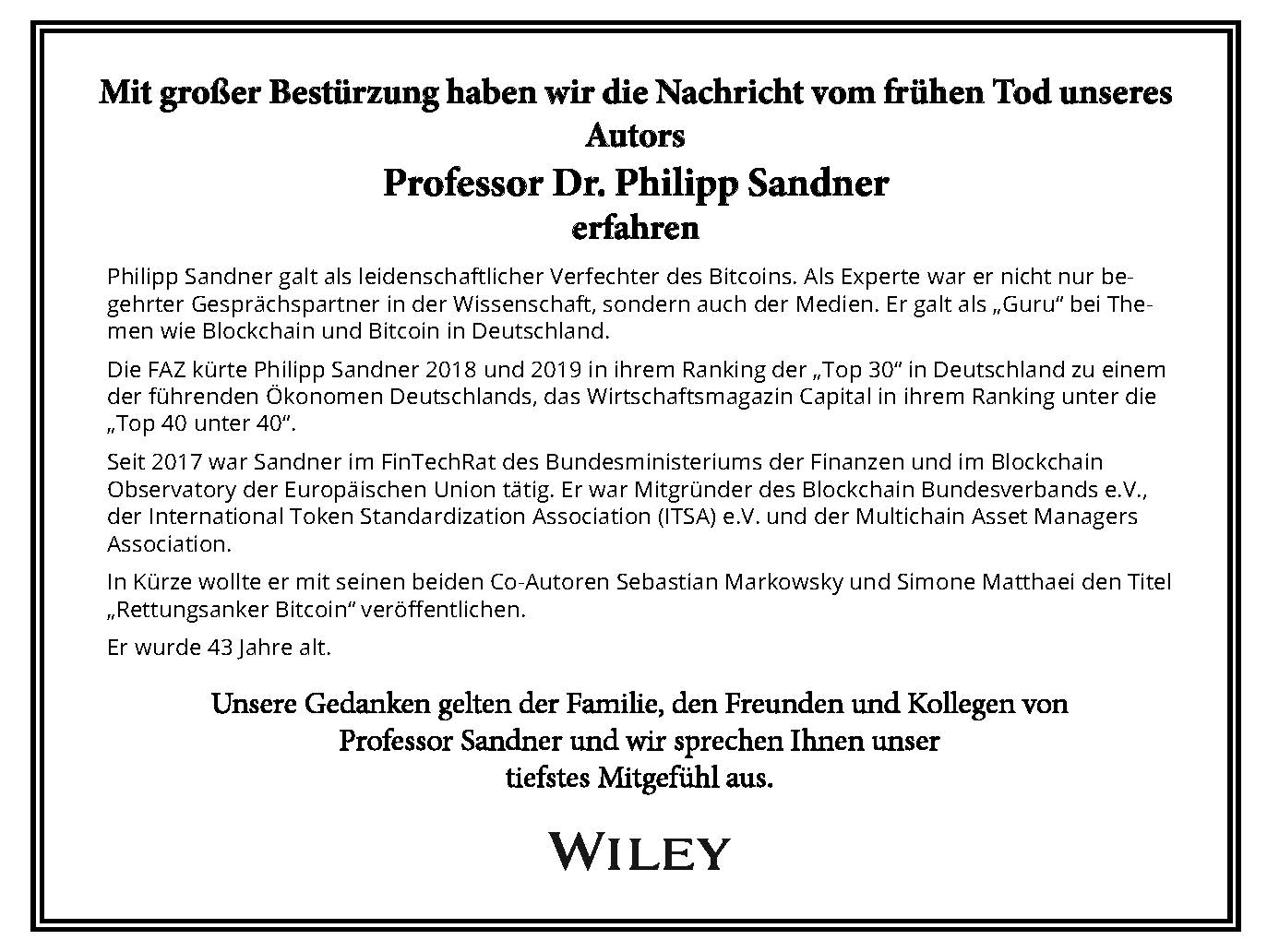 Frankfurter Ökonom Philipp Sandner stirbt mit 43 Jahren