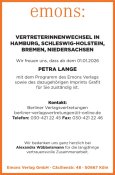 Emons Verlag GmbH Vertreterwechsel in Hamburg, Schleswig-Holstein,  Bremen, Niedersachsen