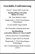 Geschäfts-Umfirmierung Buchhandlung LiteraDur Bücher & Noten, 75196 Remchingen-Wilferdingen (VN 23214)