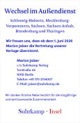 Suhrkamp & Insel Verlag: Wechsel im Außendienst Schleswig-Holstein, Mecklenburg- Vorpommern, Sachsen, Sachsen-Anhalt, Brandenburg und Thüringen