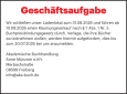 Geschäftsaufgabe Akademische Buchhandlung Anne Münzner e.Kfr., 09599 Freiberg