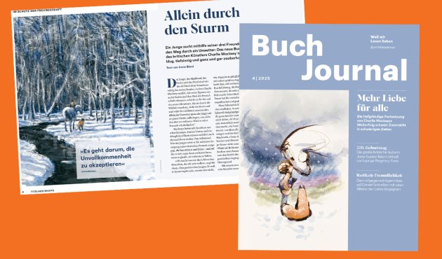 Titelgeschichte und Cover von Buchjournal 4 / 2025 auf orangenem Hintergrund