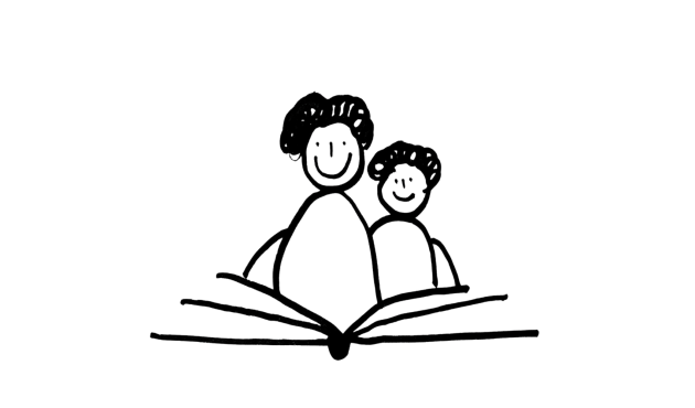 Gezeichnetes Logo der Reihe Vorleseväter mit zwei Figuren und Buch