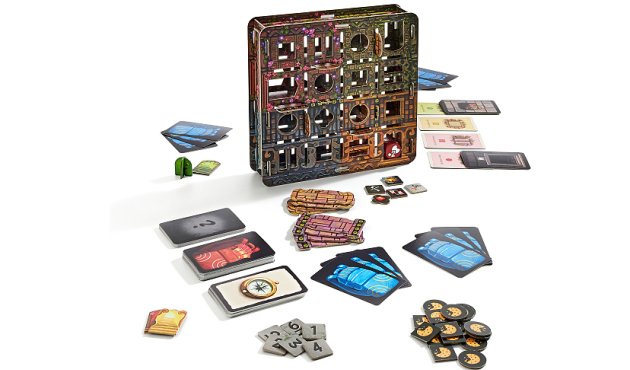 Ausgebreitetes Spielmaterial zum Spiel "Temple Twist"