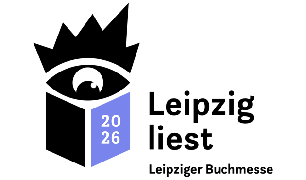 Logo Leipzig Liest 2026: ein Auge mit langen Wimpern schaut in ein geöffnetes Buch. Farben in lila und schwarz