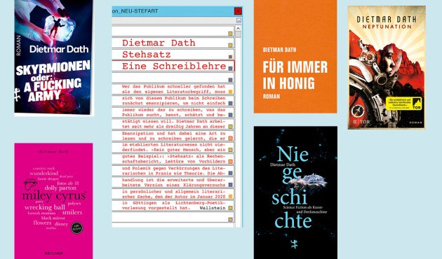 Eine Auswahl von Dietmar Daths Büchern vor hellblauem Hintergrund