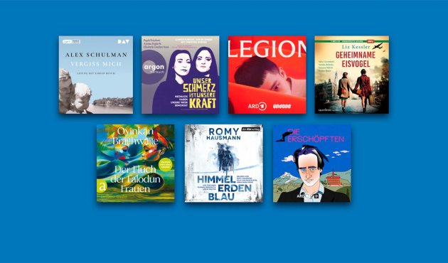 Cover der Gewinnertitel der sieben Gewinnertitel, vor blauem Hintergrund