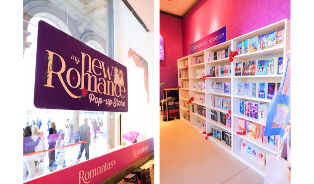 Schaufenster und Regale im Mondadori New Romance Pop up store in Mailand 2026