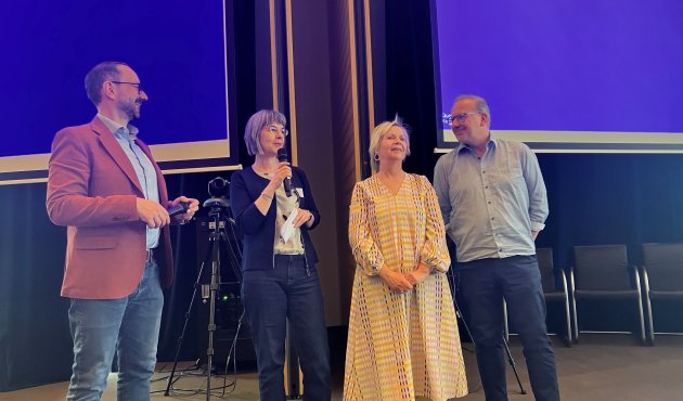 Sprechkreis der IG Hörbuch mit Referent: Johannes Ackner (Buchfunk-Verlag), Kathrin Rüstig (BookBeat), Heike Völker-Siebner (PRH-Hörbuchverlage - diesmal auch Gastgeberin der Jahrestagung) und Lothar Sand (Börsenverein)