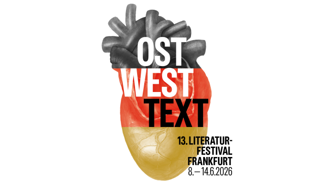 Das Logo: Ein Herz in den Farben Schwarz - Rot - Gold, darin steht OstWestText. Daneben die Daten des Festivals
