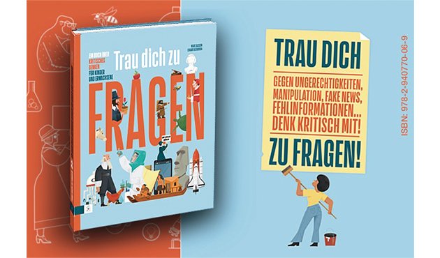 Cover von: Trau dich zu fragen, vor rotem Hintergrund. Daneben Grafik einer Person, die ein Plakat zum Thema auf blauem Hintergrund anbringt.
