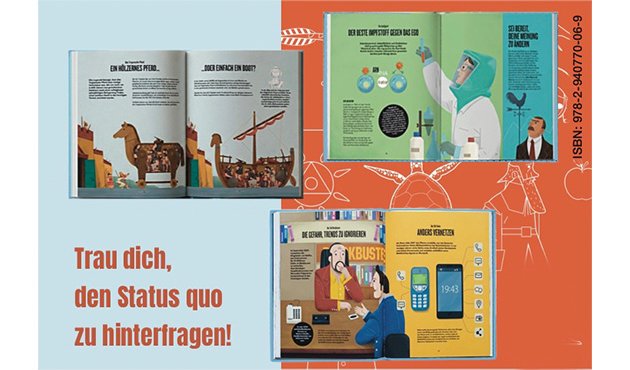 Drei Innenansichten des Buchs: Trau dich zu fragen. Unten links steht: Trau dich, den Status quo zu hinterfragen!