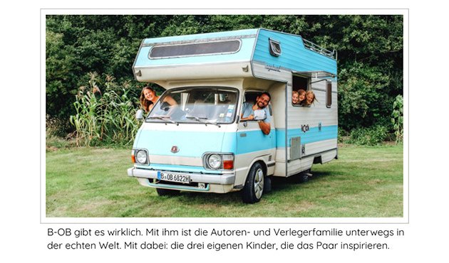 Foto eines blauen Wohnmobils mit Passagieren.