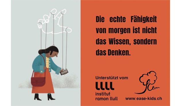 Links Grafik einer Frau, die wie eine Marionette an Fäden hängt. Rechts der Text: Die echte Fähigkeit von morgen ist nicht das Wissen, sondern das Denken.