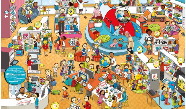 Wimmelbild einer Bibliothek mit vielen Menschen; Ausleihe und Selbstverbuchung links, zentrale rote Raketen-Leseinsel, überall bunte Bücher – fröhliche, lebhafte Stimmung.