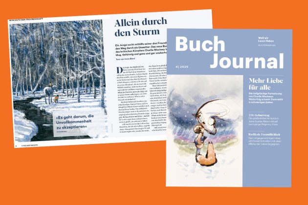 Titelgeschichte und Cover von Buchjournal 4 / 2025 auf orangenem Hintergrund