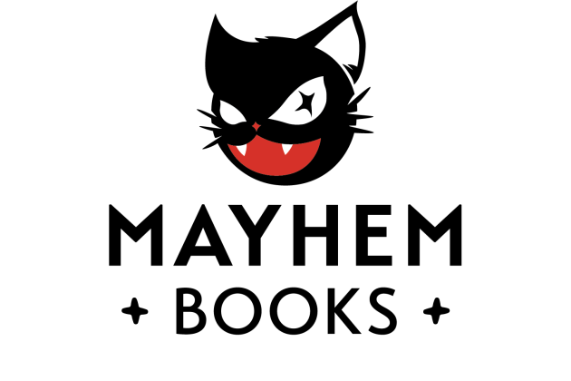Logo Mayhem Books: eine schwarze, blinzelnde, fauchende Katze