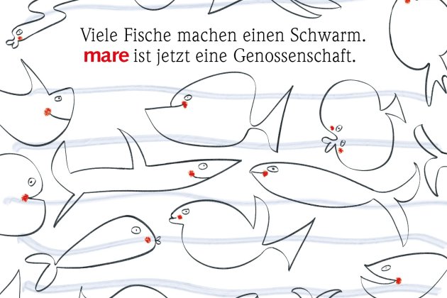 Umrisszeichnungen von vielen Fischen, darin der Spruch: "Viele Fische machen einen Schwarm, mare ist jetzt eine Genossenschaft"
