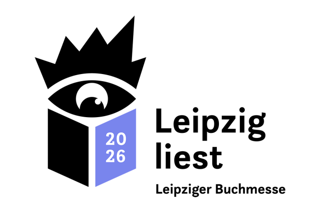 Logo Leipzig Liest 2026: ein Auge mit langen Wimpern schaut in ein geöffnetes Buch. Farben in lila und schwarz