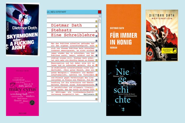 Eine Auswahl von Dietmar Daths Büchern vor hellblauem Hintergrund