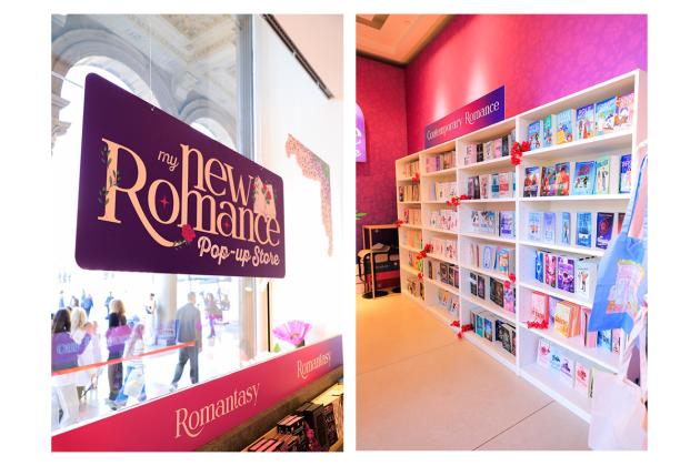 Schaufenster und Regale im Mondadori New Romance Pop up store in Mailand 2026