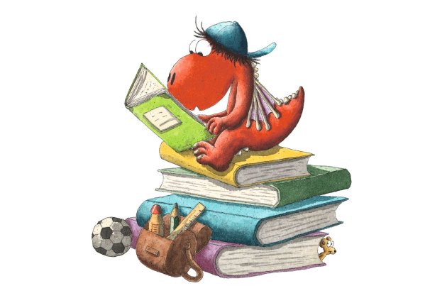 Zeichnung: Der Kleine Drache Kokosnuss sitzt auf einem Bücherstapel