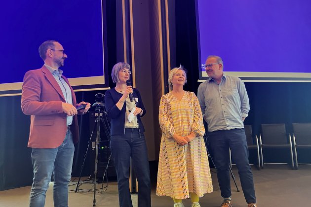 Sprechkreis der IG Hörbuch mit Referent: Johannes Ackner (Buchfunk-Verlag), Kathrin Rüstig (BookBeat), Heike Völker-Siebner (PRH-Hörbuchverlage München - diesmal auch Gastgeberin der Jahrestagung) und Lothar Sand (Börsenverein)