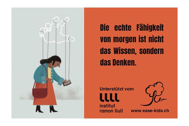 Links Grafik einer Frau, die wie eine Marionette an Fäden hängt. Rechts der Text: Die echte Fähigkeit von morgen ist nicht das Wissen, sondern das Denken.
