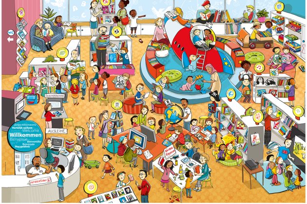 Wimmelbild einer Bibliothek mit vielen Menschen; Ausleihe und Selbstverbuchung links, zentrale rote Raketen-Leseinsel, überall bunte Bücher – fröhliche, lebhafte Stimmung.