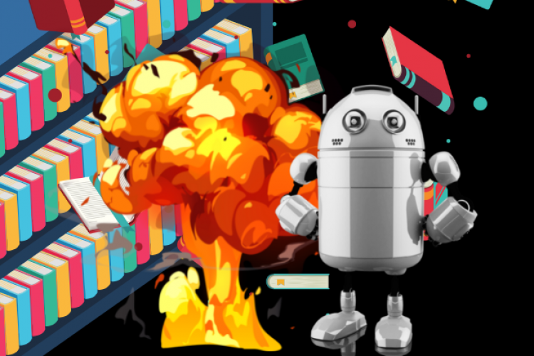 Cartoon: Roboter vor einem explorierenden Bücherregal
