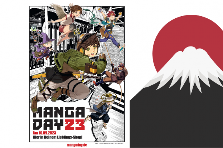 Plakat zum Manga Day: Mit typischen Figuren mit großen Augen und schriller Kleidung vor einem schwarz-weißen Bücherregal