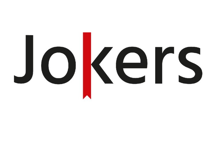 Logo Jokers: schwarzer Schriftzug mit rotem Lesezeichen