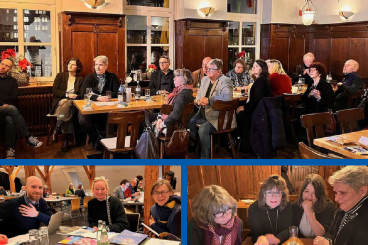 Collage mit Gruppenfotos von der Bücherbörse mit Teilnehmern an Tischen