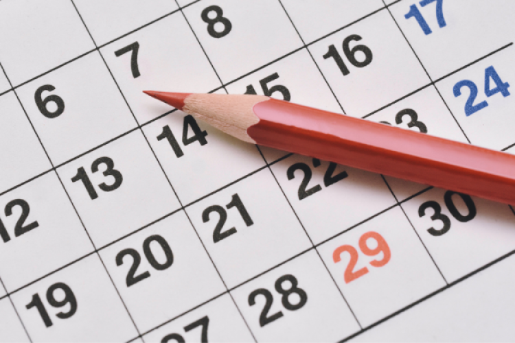 Nahaufname: Ein Stift liegt auf einem Tischkalender aus Papier