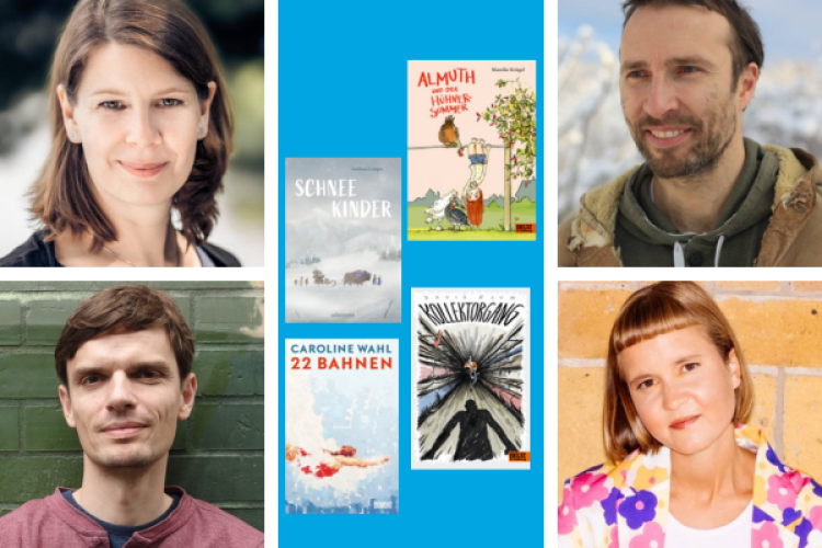 Collage mit Fotos der 4 Stipendiaten und der der 4 Bücher