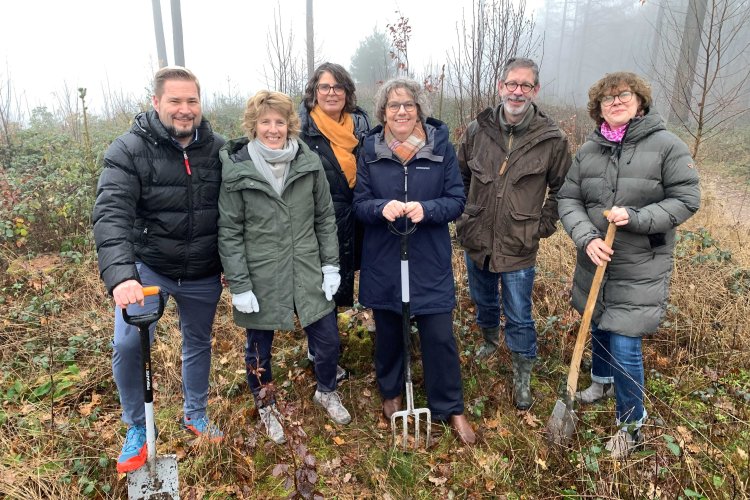 Das Buchwert-Team beim Bäumepflanzen mit Spaten und Gabeln