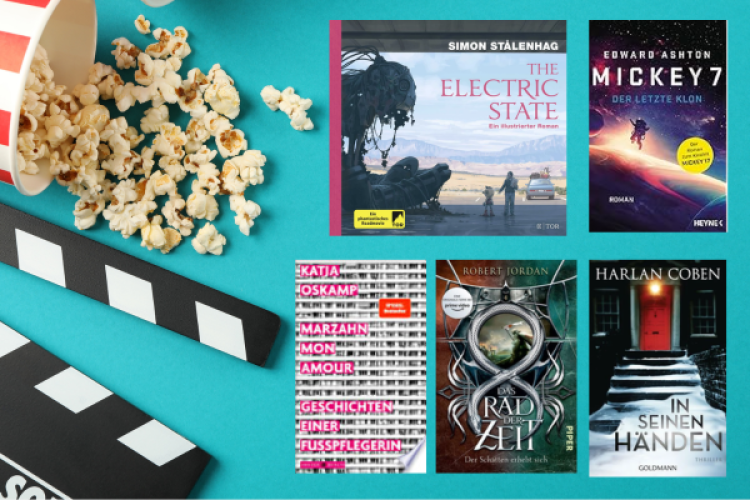 Collage mit Buchcovern neben Popcorn und einer Filmklappe