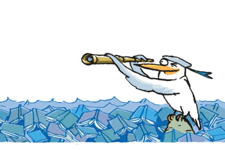 Möwe mit Fernrohr in einem Meer aus Büchern