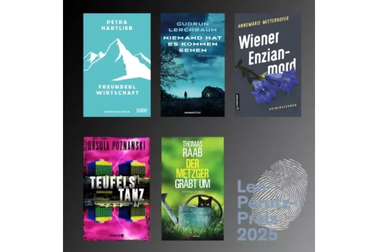 Die Shortlist-Titel (Cover) zum Leo-Perutz-Preis 2025