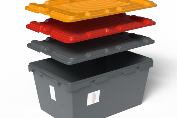 Foto: Behälter mit drei verschiedenfarbigen Deckeln, die darüber schweben