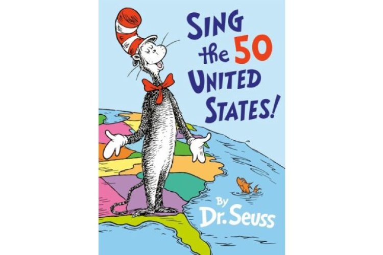 Das geplante Cover von "Sing the 50 United States!". Die Katze mit Hut steht auf einem Globus-Ausschnitt mit Landkarte der USA