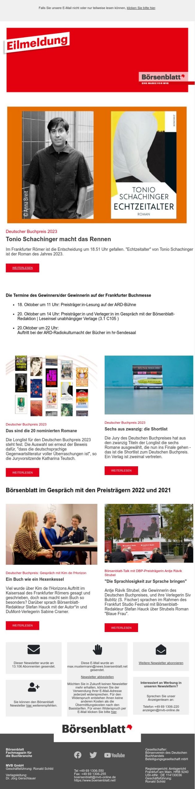 Eilmeldungsnewsletter vom 16. Oktober 2023 zum Deutschen Buchpreis
