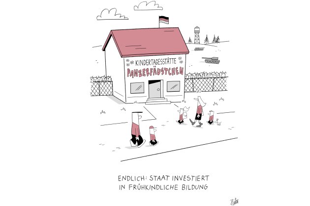 Cartoon von Kindern, die auf ein Haus mit der Aufschrift "Kindertagesstätte Panzerfäustchen" zugehen