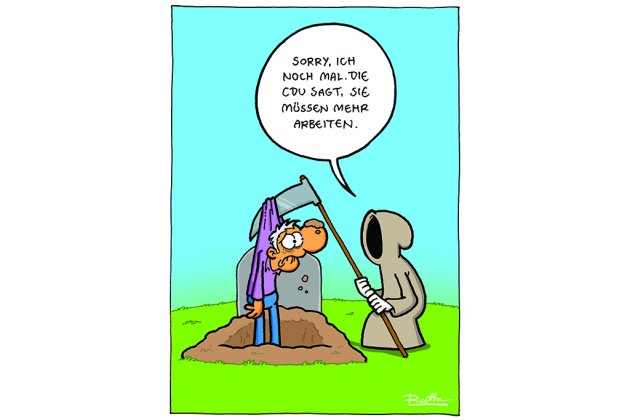 CArtoon: der Tod zieht einen alten Mann wieder aus dem grab