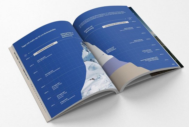 Blaue Doppelseite aus: Die letzte Hütte der Alpen. Querschnitt eines Bergs mit verschiedenen beschrifteten Abschnitten abgebildet.