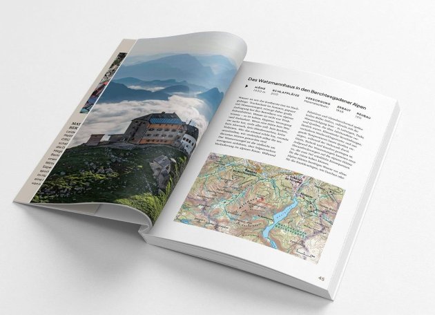 Doppelseite aus: Die letzte Hütte der Alpen. Links Foto des Watzmannhaus, rechts Text und Landkarte dazu.
