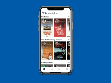 Mockup: Handy mit geöffnter Buchpicker-App: je 2 Buchcover als Tipps für Jugendliche und Krimileser