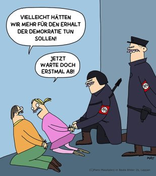 Cartoon von knieenden Menschen, die von schwarz gekleideten Militärs verhaftet werden