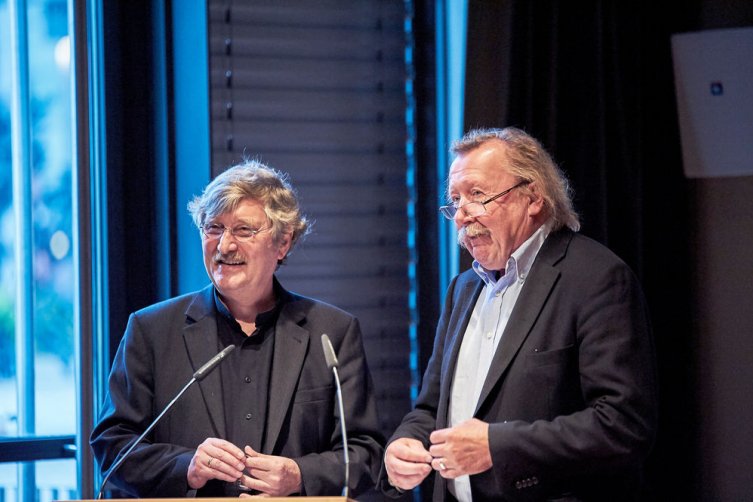 Raimund Fellinger (links) 2016 mit Peter Sloterdijk bei einer Veranstaltung des Börsenvereins (LV BaWü)