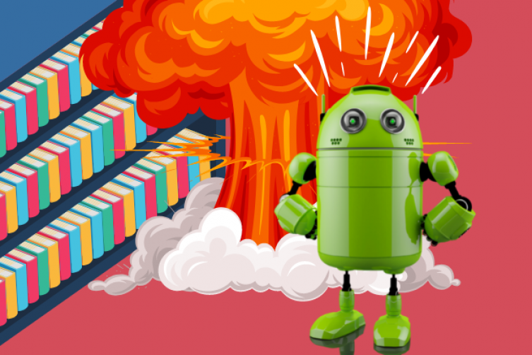 Cartoon: Ein grüner Roboter vor einem Atompilz, im Hintergrund ein Bücherregeal